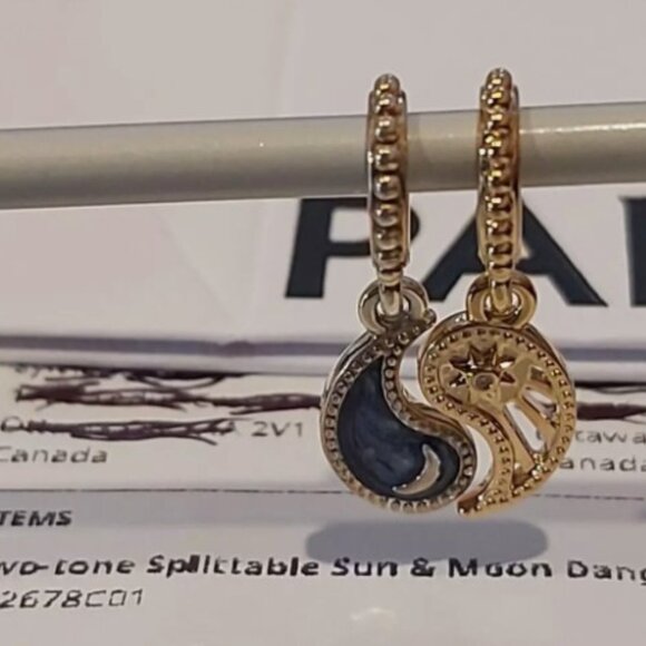 Auth PANDORA SS and 14k plated Two-tone Splittable Sun & Moon Dangle 762678C01 - Picture 3 of 11